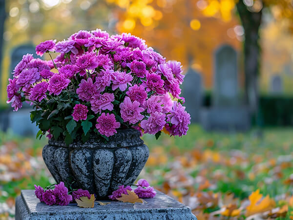 a_bouquet_of_Chrysanthemes_placed_in_a_gravestone